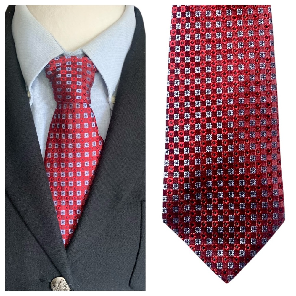 Cremieux Men's 100% Silk Necktie Designer Geometric Red/Navy 60” Long Tie
